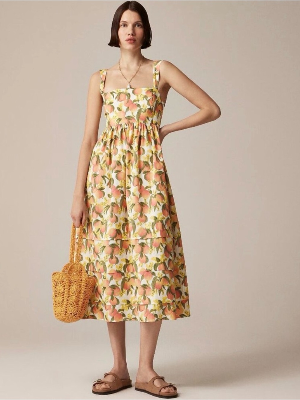 J. Crew Square Neck Midi Dress (Sz 14) Peach Print Cotton Poplin